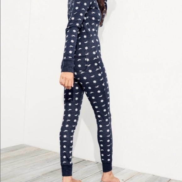 Hollister Navy logo Print Pajama Onesie thermal long Johns XS - Picture 2 of 9